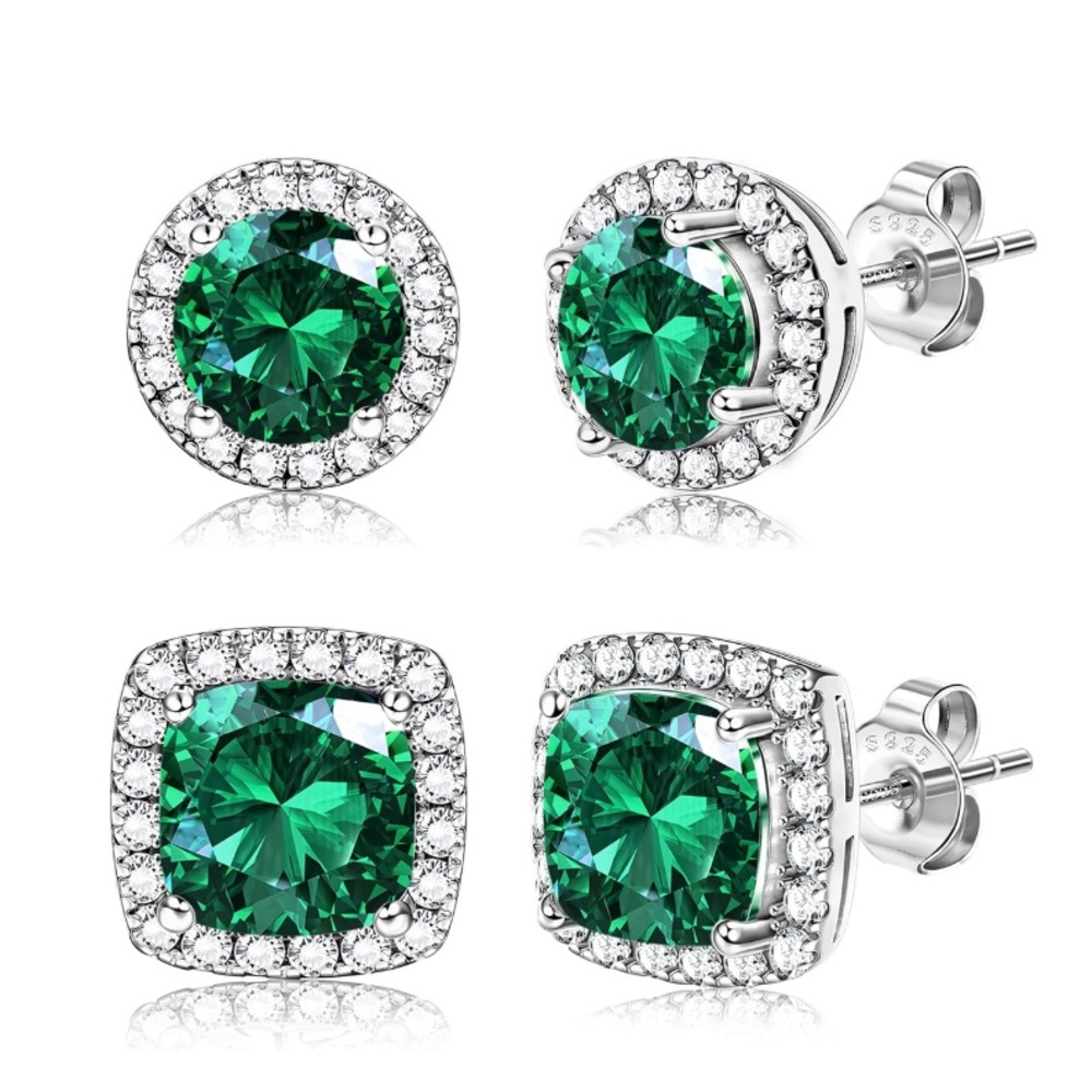 14K White Gold/ 925 Sterling Silver Green Faceted Diamond Cut CZ Unisex Earrings